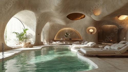 serene indoor pool area designed with organic architectural shapes and soft ambient lighting creates a relaxing and luxurious spa retreat for wellness and rejuvenation offering a peaceful getaway