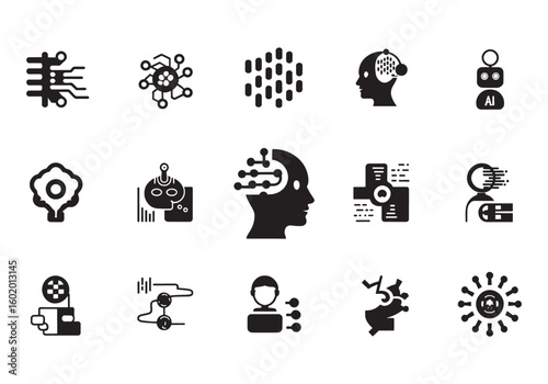 Collection of artificial intelligence and machine learning vector icons for data science technology development