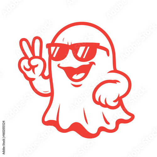 A funky cartoon ghost flashes a peace sign with a cheeky, spooky-cute expression. Bold outlines and oversized sunglasses add quirky attitude, all set against a clean white background.