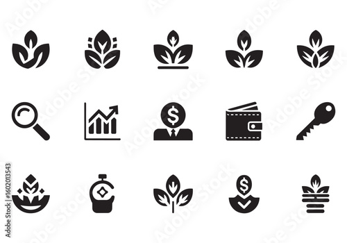 Collection of Business and Finance Icons Including Growth Investment and Security depicting wealth and prosperity