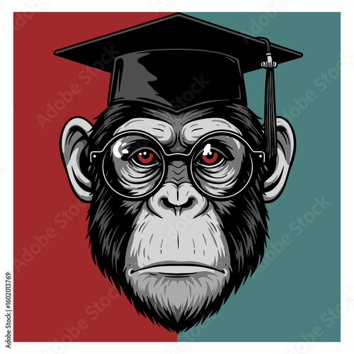 Smart Ape Graduation Vector Scholar Chimpanzee with Cap and Glasses
