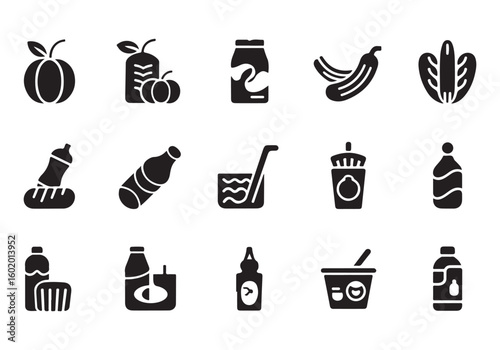 Collection of fifteen vector icons representing diverse food and drink items in a modern minimalist style great for illustrating healthy food choices
