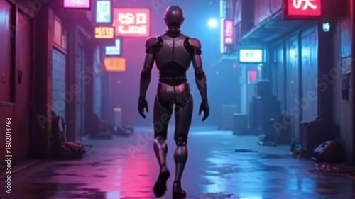A Futuristic Robot Walking Through Neon Alley at Night