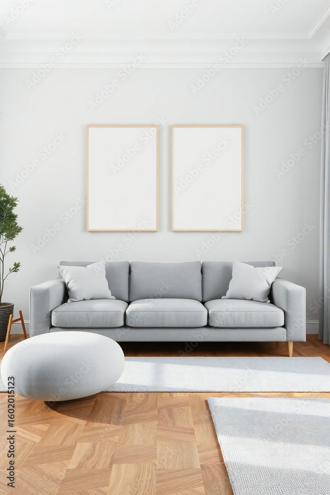 Fototapeta premium Modern living room with grey sofa white ottoman and blank picture frames