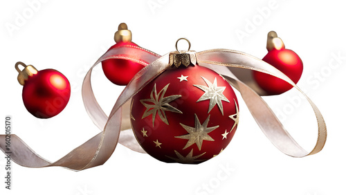 Photo of a group of red christmas ornaments decorated with gold stars and a silver ribbon isolated on transparent background