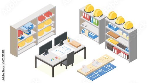 Isometric office scene with desks, computers, shelves, helmets and architectural plans shown clearly