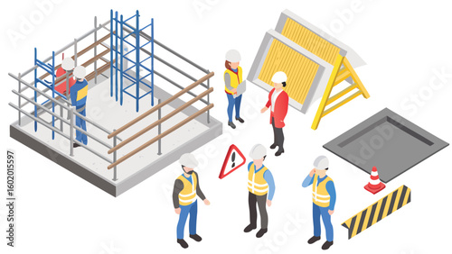 Isometric construction site scene featuring workers scaffolding barriers and safety equipment depicted clearly