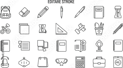Vector art of outline icons of school and office supplies backpack pencil eraser notebook and stationery for education and learning