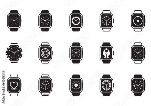 Variety of Smart Watch Designs Timekeeping Icons for Technology and Modern Lifestyle Black and White Vector Graphics Collection