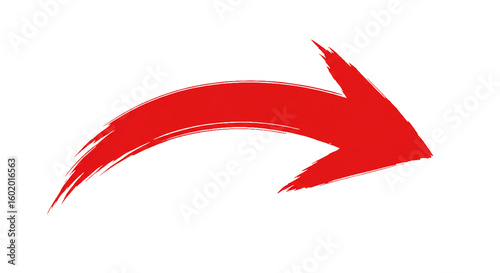 Hand-drawn red arrow with a grunge brushstroke texture. Curved pointer symbol indicating direction, isolated on a white background.