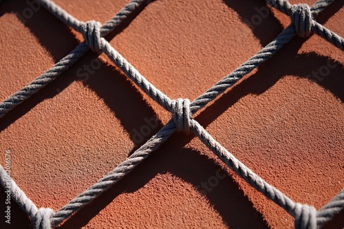 Macro detail of a tennis string pattern with embedded clay dust intense side lighting casting hard linear shadows burnt