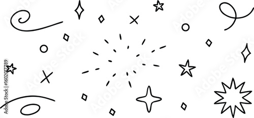 Vector art of a whimsical collection of handdrawn abstract shapes stars and sparkles on a transparent background.