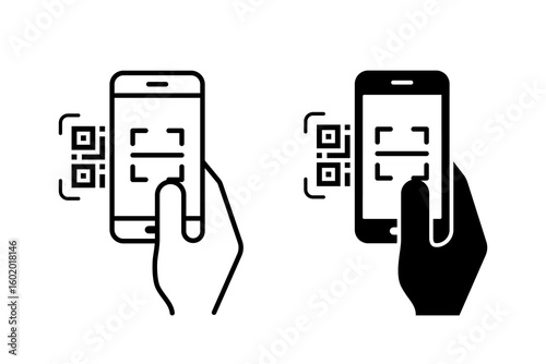 QR code scan icon with smartphone. Scanning code process symbol. Scan me barcode sign. Scan QR code flat icon with phone. Vector illustration