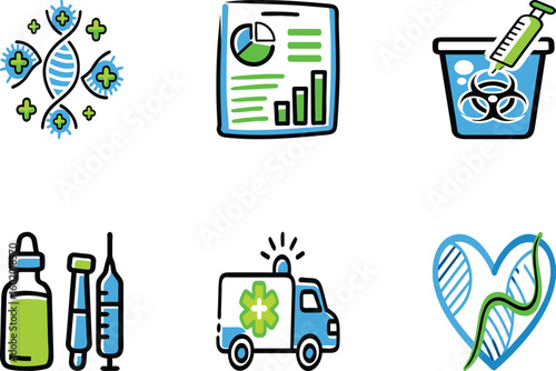 Vector art of a collection of medical and scientific icons including dna chart syringe vials ambulance and heart isolated on white background