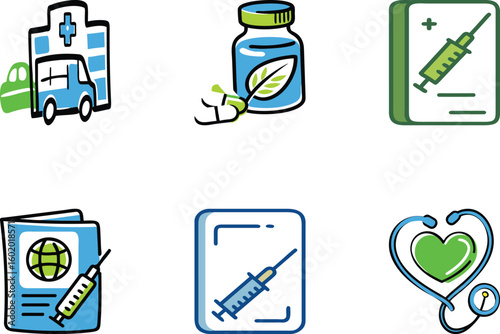 Vector art of a collection of medical and health icons including a hospital medicine vaccine passport and stethoscope isolated on white background