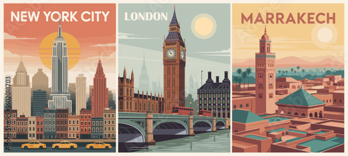 Flat vector illustration set of retro mid-century modern travel posters featuring vintage cityscapes of New York, Marrakech, and London in bold colors and classic 1950s-inspired design