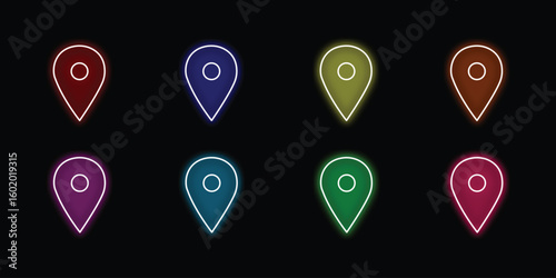 Glowing neon effect location Icon. Vibrant neon glowing location pins in multiple colors vector, perfect for maps, navigation, and digital design projects. Vector Illustration
