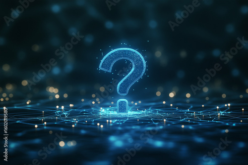 Abstract technology background with digital wireless network concept and blue question mark on the screen, with connection lines in dark color