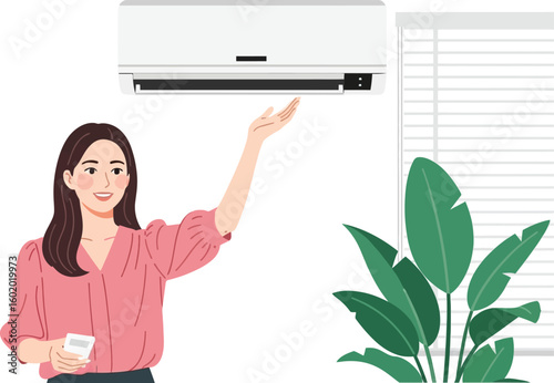 A woman in a pink shirt reaching up to a white air conditioner with a plant and blinds nearby