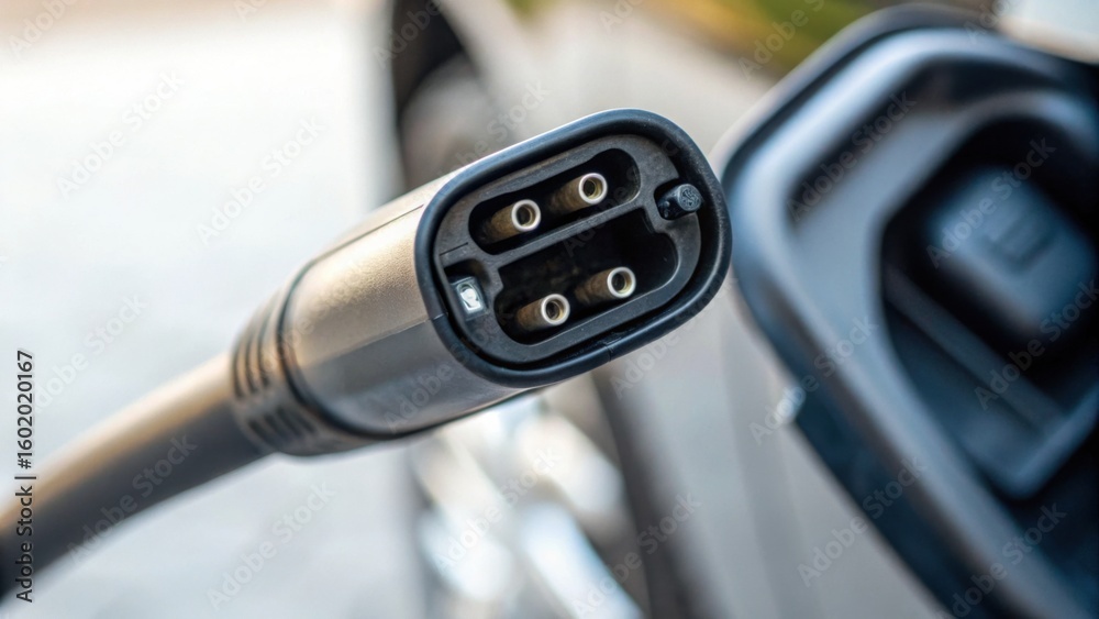 Obraz premium Close-up of an electric vehicle charging plug inserted into a car's charging port, highlighting clean energy and automotive technology.