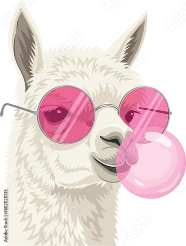 A white llama wearing pink sunglasses and blowing a pink bubble gum on a white background