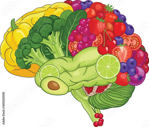 Illustration of a human brain filled with various fruits and vegetables on a white background