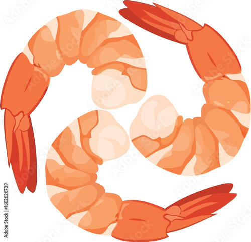 Three stylized shrimp arranged in a circular pattern on a plain white background illustration