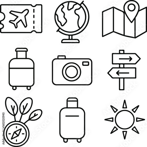 Collection of travel and vacation related outline icons holiday trip