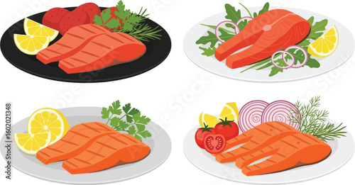 Four plates of grilled salmon with various accompaniments like lemon tomatoes and herbs served