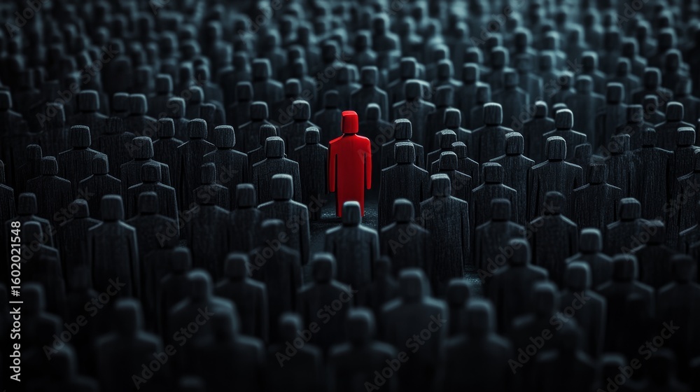 Fototapeta premium Unique figure stands out among countless dark silhouettes in an abstract representation of individuality and conformity