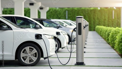 A row of white electric cars charging at multiple outdoor charging stations in a modern, green environment.