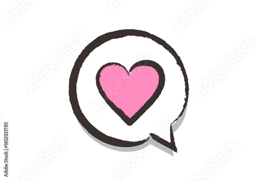 筆で描いた、吹き出しアイコン「ハート（お気に入り、推し、好きなもの、愛）」, A heart-shaped speech bubble icon drawn with a brush (favorite, favorite thing, love)