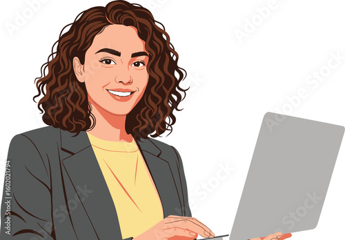 Smiling woman with laptop, wearing a blazer and yellow shirt.
