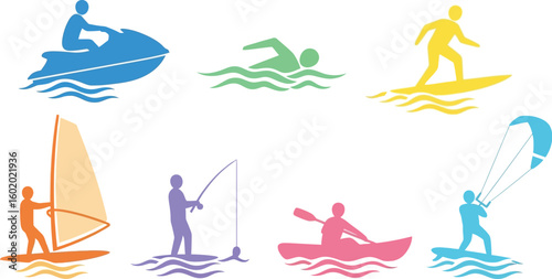 A collection of colorful water sport icons including jet ski swimming surfing and other water activities