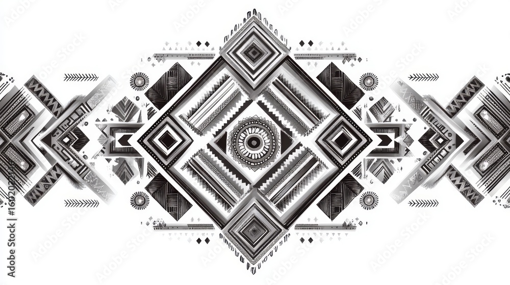 Obraz premium Black and white geometric pattern featuring intricate designs and shapes in a symmetrical layout
