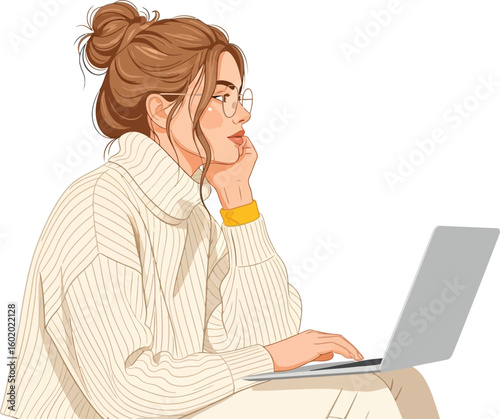 Woman with glasses works on laptop, wearing a cozy sweater.