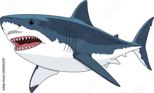 A cartoon illustration of a great white shark with its mouth open on a white background