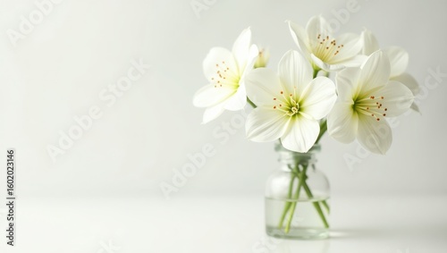 A bouquet of delicate white flowers in a small glass vase.