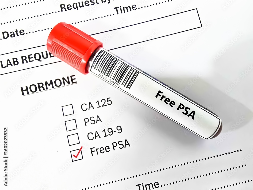 Obraz premium Blood sample tube and paper order request for free PSA test analysis.