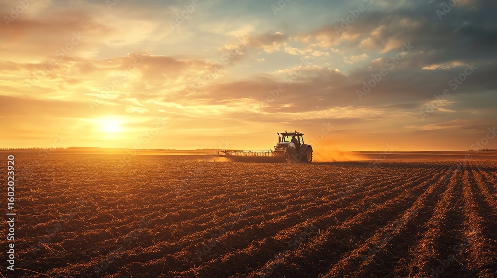 Fototapeta premium A photo-realistic scene of a tractor plowing soil in a vast field at golden hour, showcasing high-efficiency farming practices.