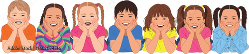 A group of seven smiling children of diverse ethnicities lying down with their hands on their cheeks