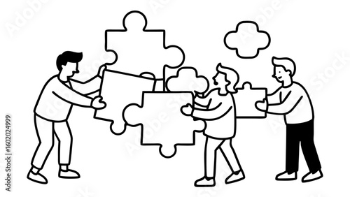 Three people collaborating to assemble large puzzle pieces in a teamwork illustration style image