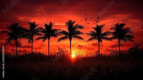Silhouetted palm trees stand against a fiery red and orange sky  with birds flying in the background  creating a beautiful contrast.