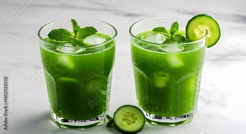 with Cucumber and Mint Refreshing Iced Matcha Tea drink, smoothie, green, juice, glass, food, cocktail, fruit, 