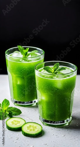 with Cucumber and Mint Refreshing Iced Matcha Tea drink, smoothie, green, juice, glass, food, cocktail, fruit, 