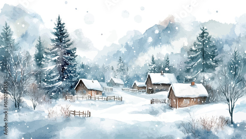 Watercolor Christmas houses landscape in snow, christmas house scene, pine tree, Countryside watercolor landscape illustration of winter