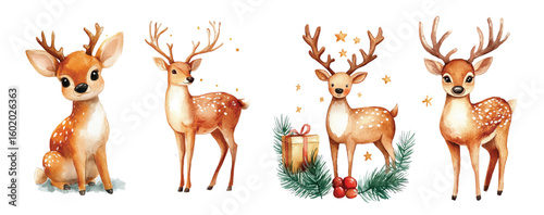 Watercolor Christmas deer with presents red gift box winter forest illustration pine trees New Year card