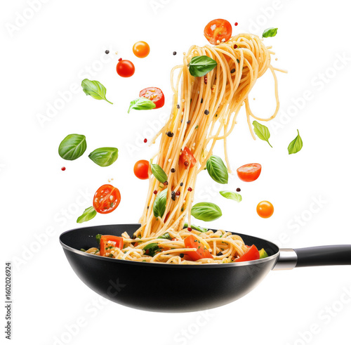 Delicious spaghetti dish with tomatoes and basil falling into a transparent frying pan