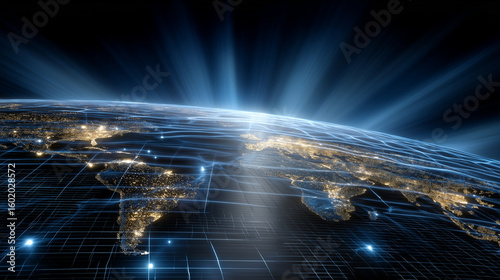 Interconnected continents illuminated by night grid technology