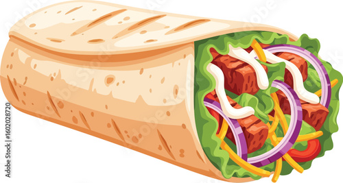 A cartoon illustration of a shawarma wrap filled with meat, lettuce, and sliced onions on white